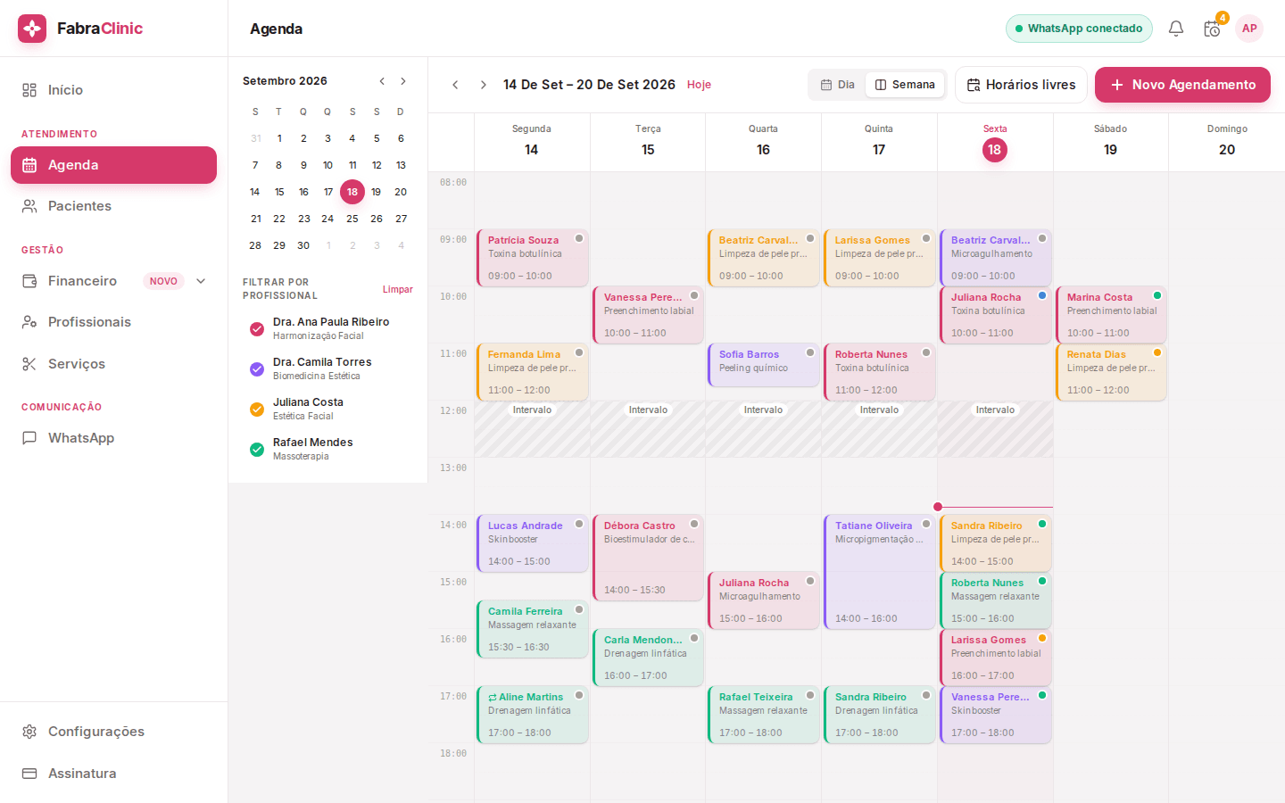 Tela de agenda do FabraClinic
