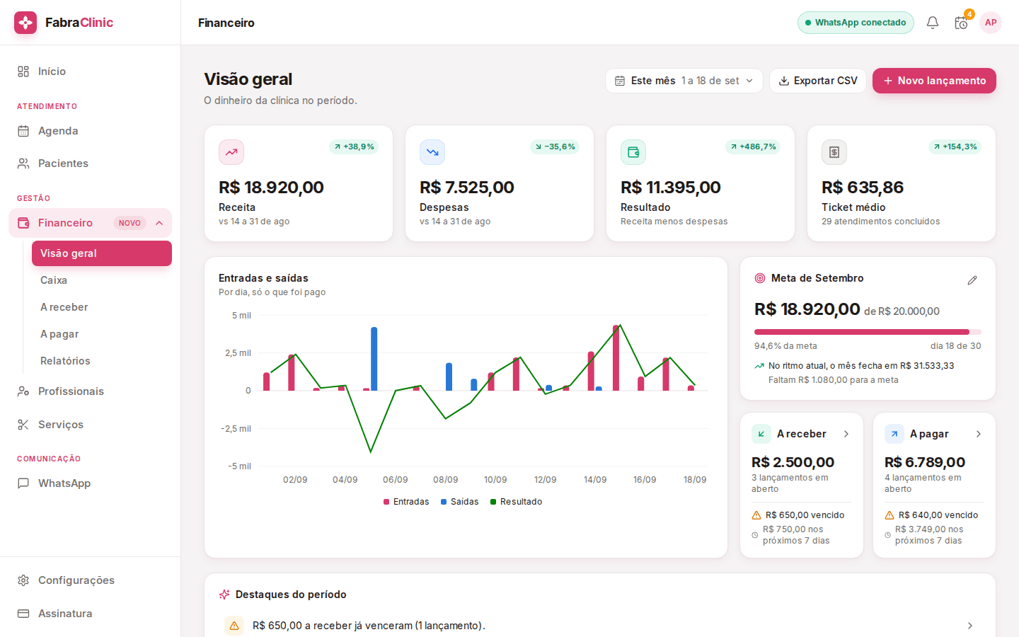 Tela financeira do FabraClinic